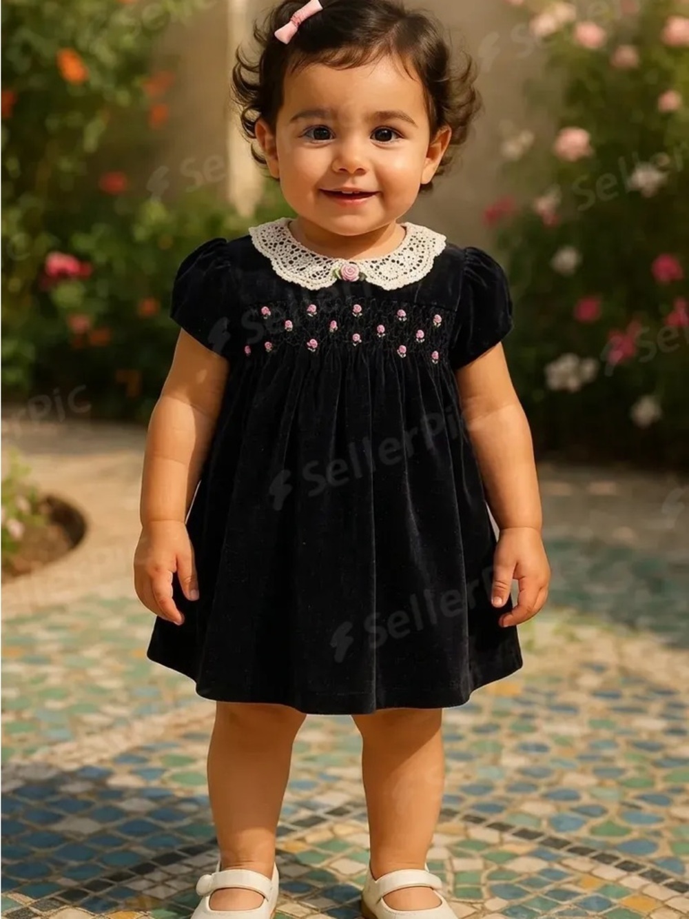 Vintage Black Velvet Baby Dress with Crochet Collar and Pink Embroidery